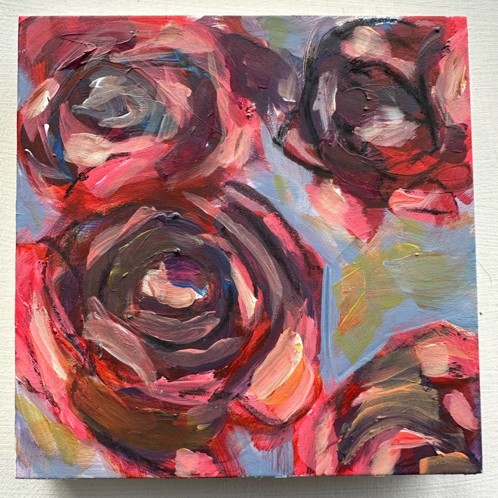 Original mixed media floral artwork on wood panel